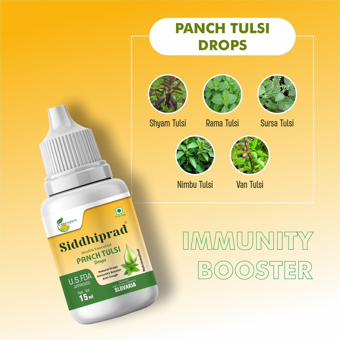 Siddhiprad Panch Tulsi Drops Natural Immunity Booster, Cough cold Relief, sore throat, cough (15 ml)