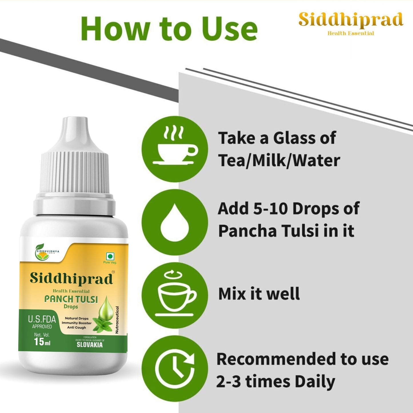 Siddhiprad Panch Tulsi Drops Natural Immunity Booster, Cough cold Relief, sore throat, cough (15 ml)