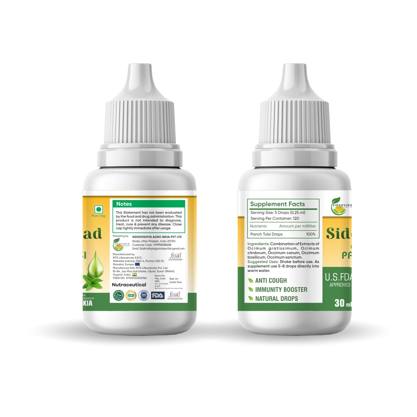 Siddhiprad Panch Tulsi Drops Natural Immunity Booster, Cough cold Relief, sore throat, cough (30 ml)